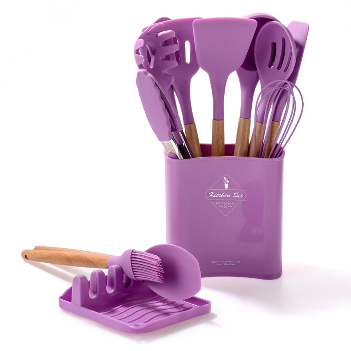 Juego de utensilios de cocina de silicona morada, 13 herramientas de cocina con mango de madera, soporte para utensilios y tapa de olla, espátula de silicona antiadherente, pinzas, batidor.