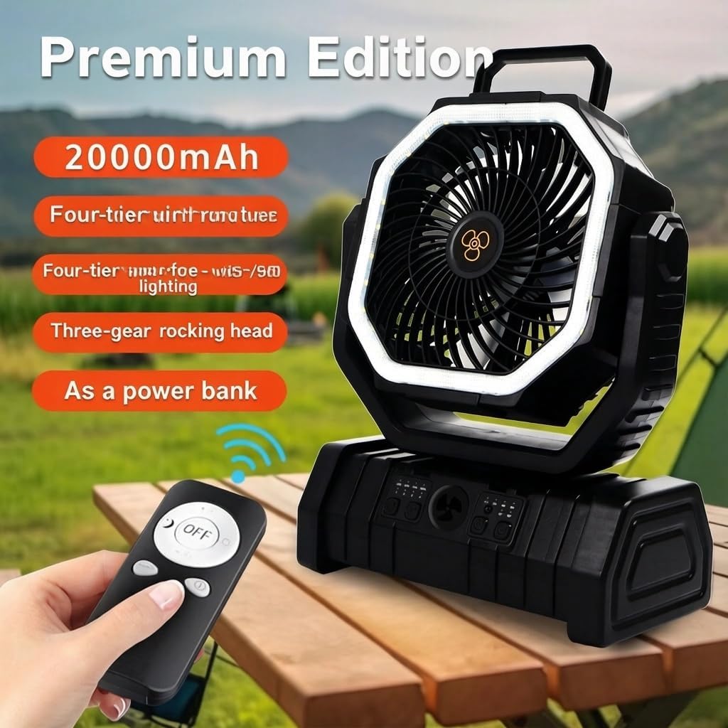 Portable camping fan lamp with 20000mAh rechargeable battery, 4 speed settings, touch control, orange outdoor tent fan (suitable for camping/hiking/picnicking) (black)
