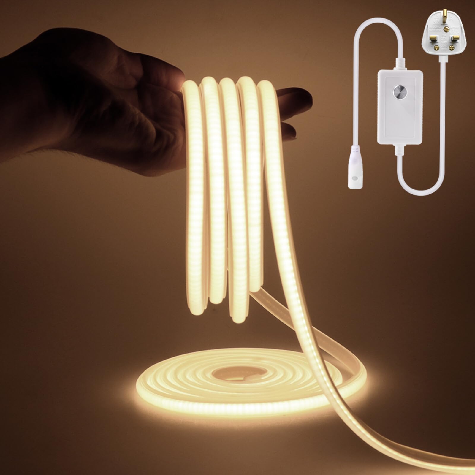KAFULA 220V dimmable COB LED Light Strip, IP65 Waterproof Flexible, 288 LEDs/m Super Bright FCOB LED neon Light CRI90+, can be Cut Every 50 cm, Home Decoration [14m, Natural White 4000K]