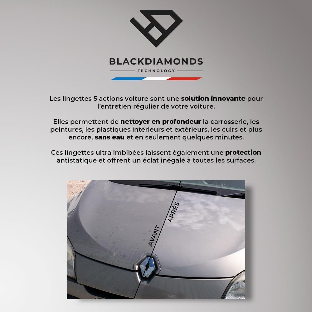 BlackDiamonds - Lingettes Nettoyantes pour VOITURE - 5 Actions - Nettoie, Protège, Antistatique, Déperlant & Haute Brillance - Sans Eau ni rinçage- 80 Lingettes