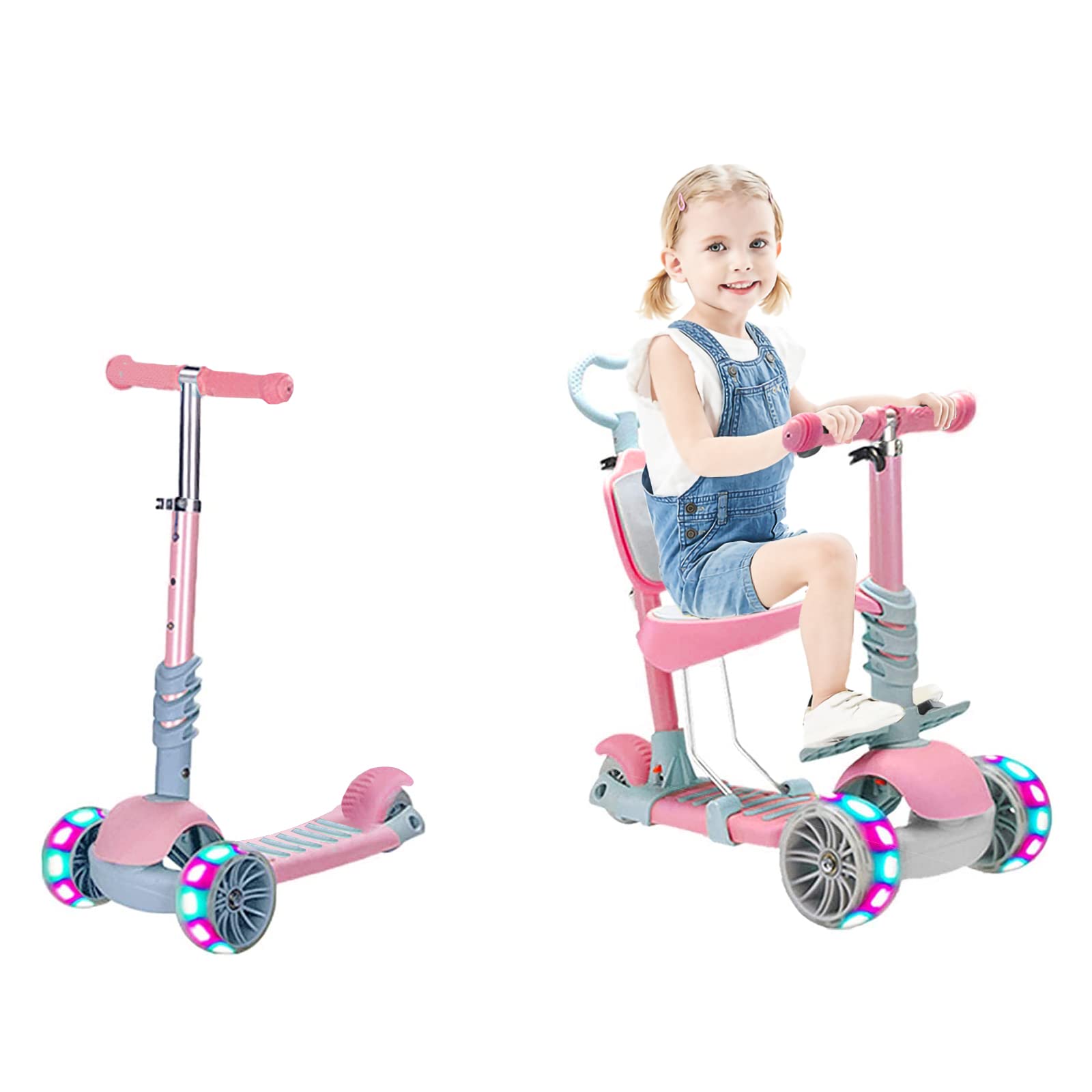 NUKied 5 in 1 Kids Kick Scooter 3 Wheel Push Scooter with Height Adjustable Foldable Seat Folding Scooter Flashing PU Wheels Sit Stand Lean-to-Steer for 1-6 Years Toddlers Boys Girls (Pink)