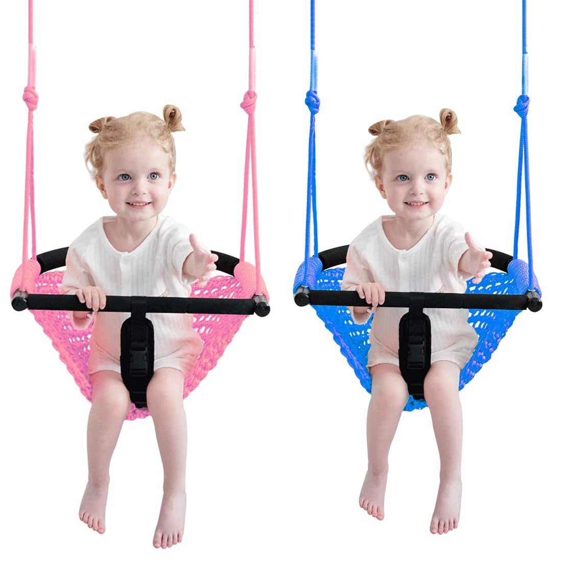 2 -in- 1 Toddler Swing. Swing Seat for Kids with Adjustable Ropes, for Kids Heavy Duty Rope Play Secure Children Swings Set, for Outdoor Indoor, (Blue+Pink)