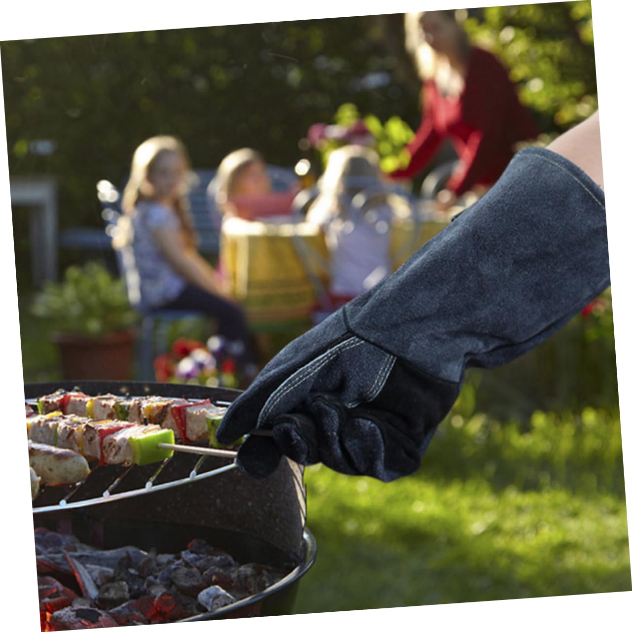 Hitzebeständige Leder Grillhandschuhe 1 Paar, Schwarz, mit Schutz