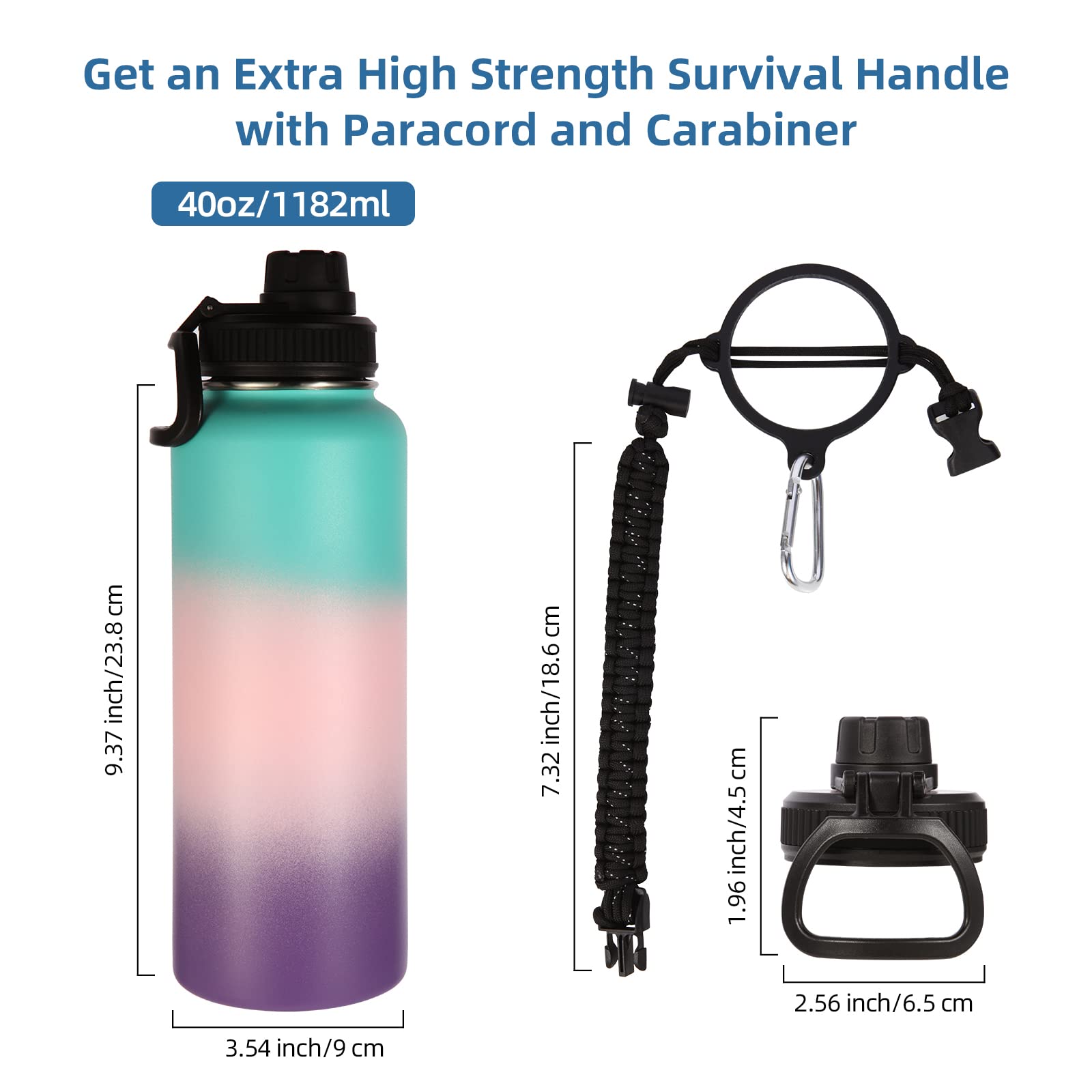 Volhoply Insulated Water Bottles Bulk 2 Pack, 1200ml Sports Bottle with Paracord Handle & Spout Lid - Image 3