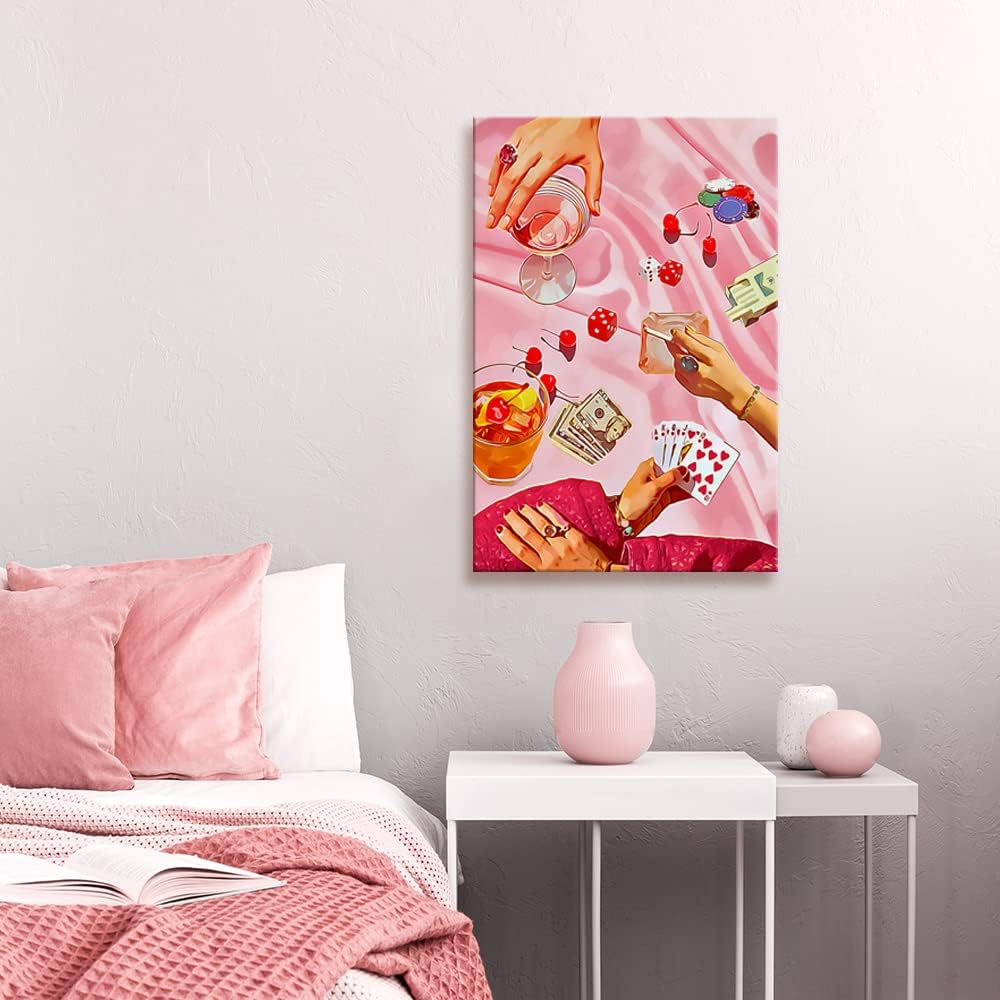 Vintage Pink Casino Dice and Cocktail Canvas Wall Art