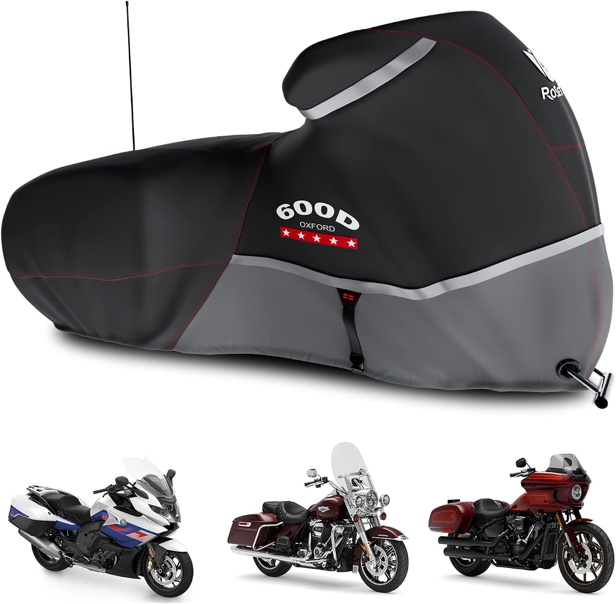 Motorcycle Cover 600D Waterproof for Touring Models Harley Davidson Road King,Road Glide,Street Glide, Electra Glide,Low Rider-ST Indoor & Outdoor Storage Gray