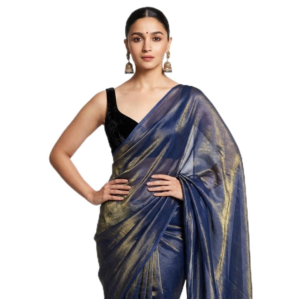 Fendi Satin Saree, Midnight Navy Blue Satin Shimmer Saree with Soft Golden Sheen-picture-31