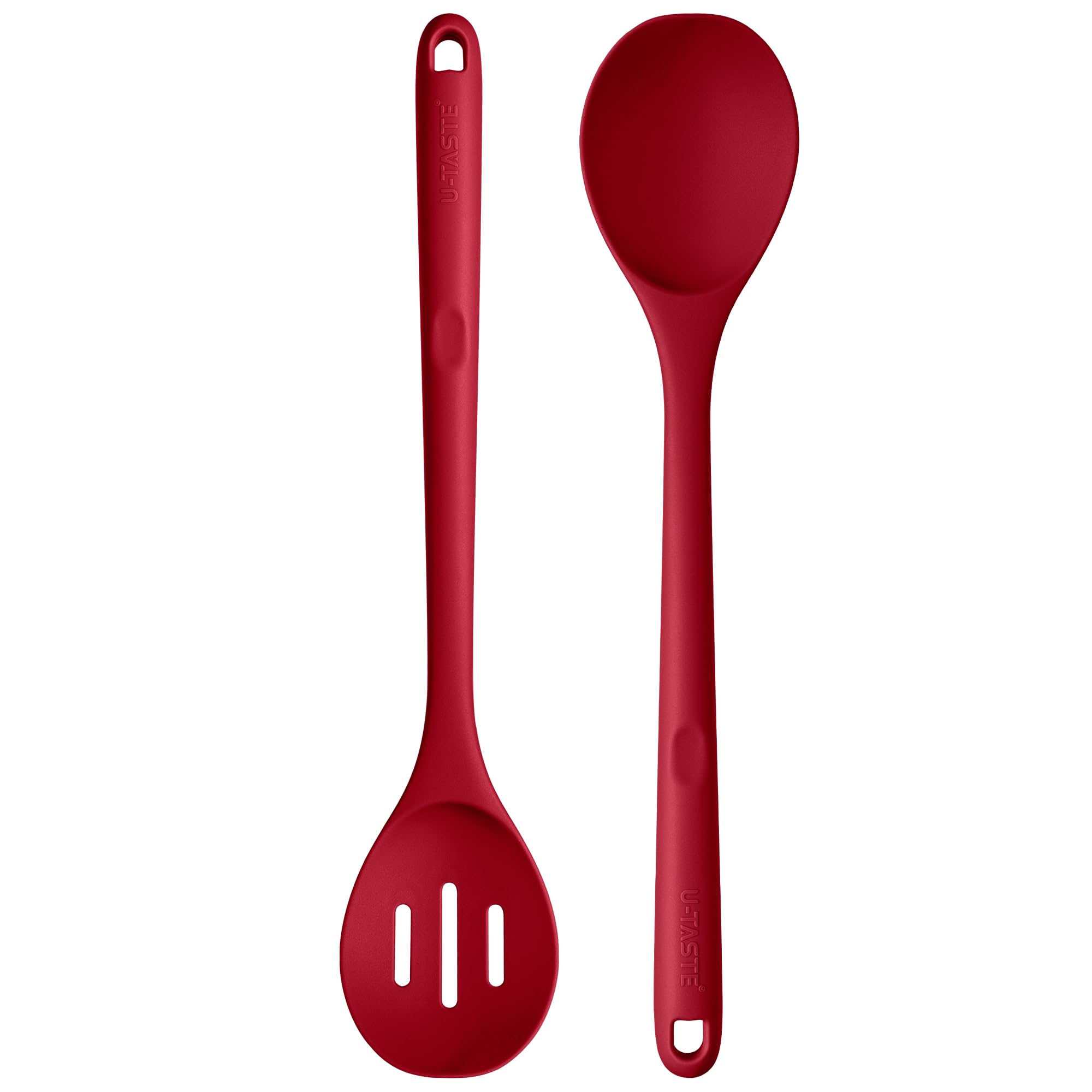 U-Taste 33.9 cm Extra Long Silicone Spoons: 315℃ Heat Resistant Food Grade Solid & Slotted Cooking Spoons, Nonstick Seamless Kitchen Utensil for Serving Mixing Stirring Basting Draining (Red, 2pcs)