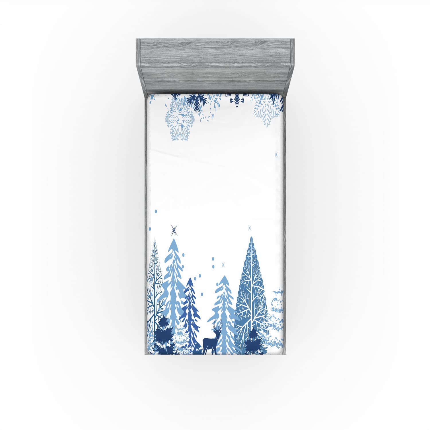 Ambesonne Winter 2 Pack Fitted Sheet, Deer Pine Trees Xmas, Bed Cover All-Round Elastic Deep Pockets 2 Pieces, Package Contains 2 Twin Size Fitted Sheets, White Blue