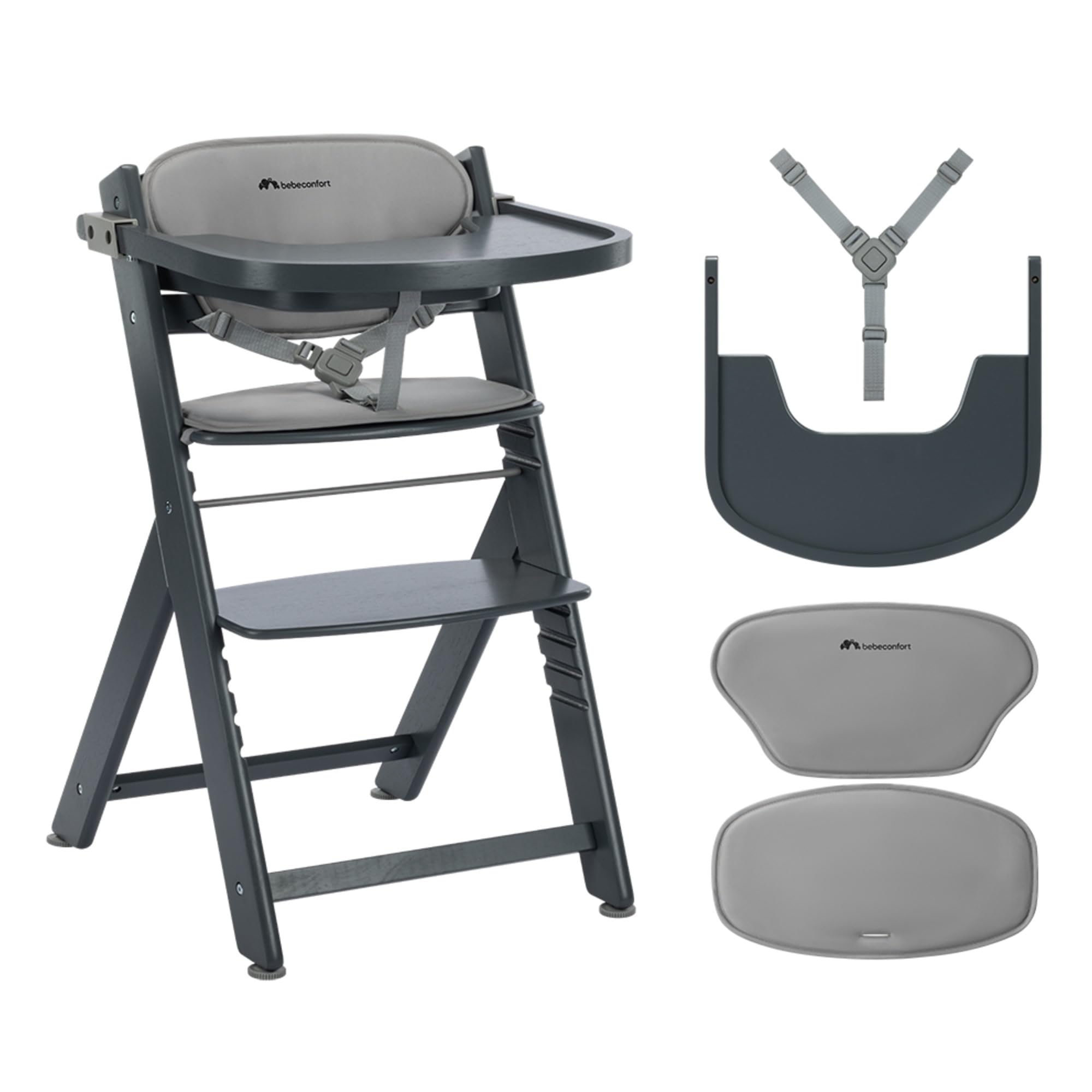 Bebeconfort Timba 2 con Cuscino, Seggiolone Pappa Evolutivo in Legno, 6+ Mesi, Fino a 110 kg, Sedia Evolutiva Ergonomica, Regolabile in Altezza, Vassoio Amovibile, Grey Mist