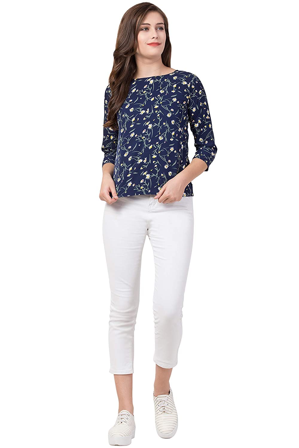 Holy libasWomen's Crepe Regular Fit Top, Printed Straight, Round Neck 3/4 Sleeves, Casual Wear Short Kurti, Stylish Tunic Tops for Women for Girls