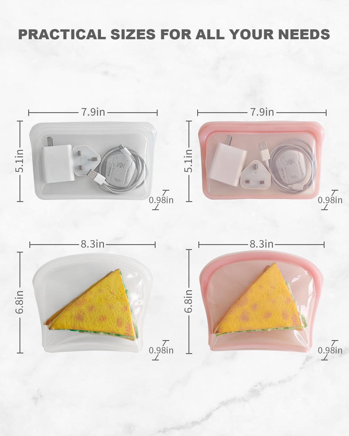 Sacchetti riutilizzabili in silicone, confezione da 4 sacchetti in silicone per snack, sandwich e sandwich, resistenti, per conservare alimenti, congelatore, microonde, forno, lavabili in