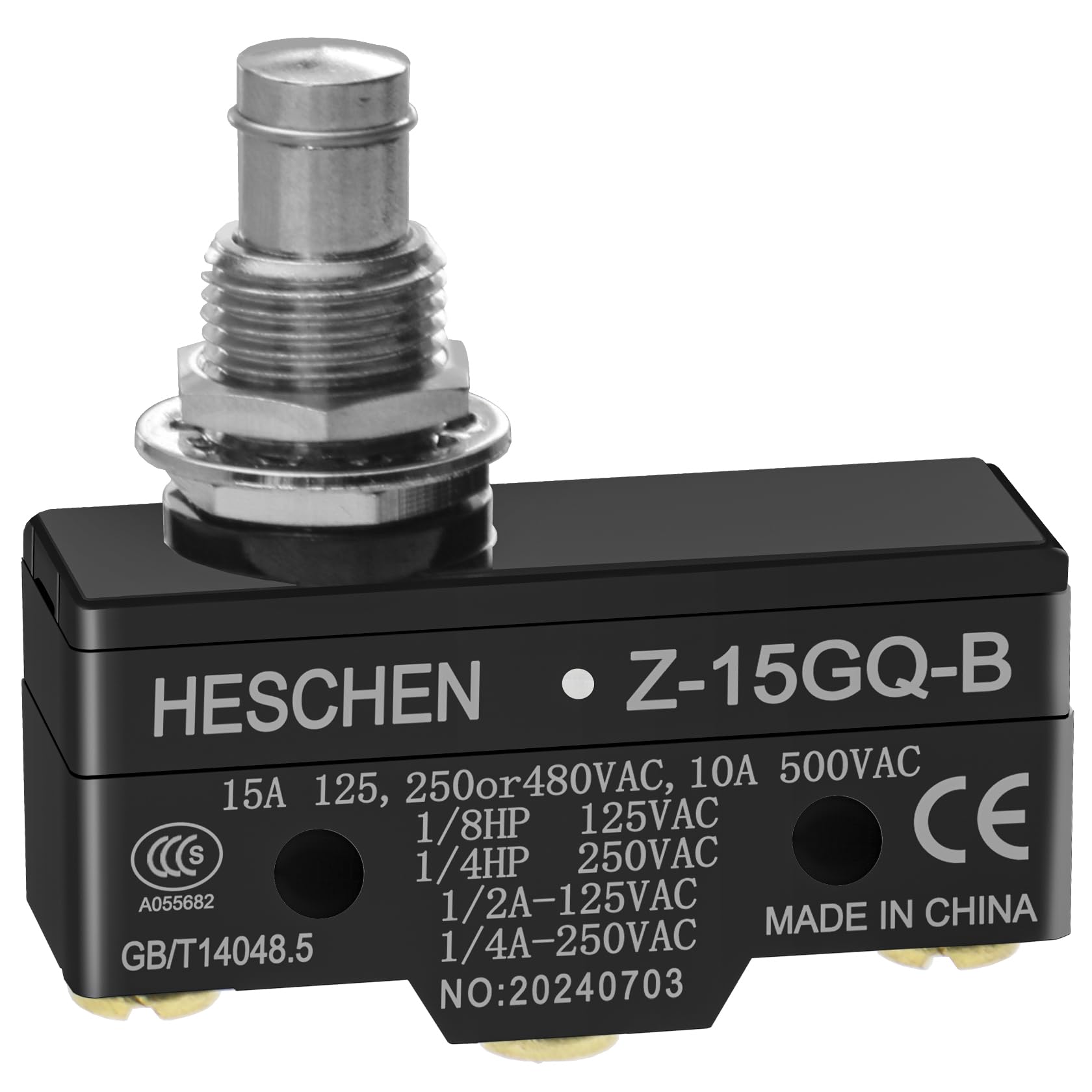 Heschen General Purpose Micro Switch Z-15GQ-B, Panel Mount Plunger, Medium OP, 3 Screw Terminal, 15A Rated Current