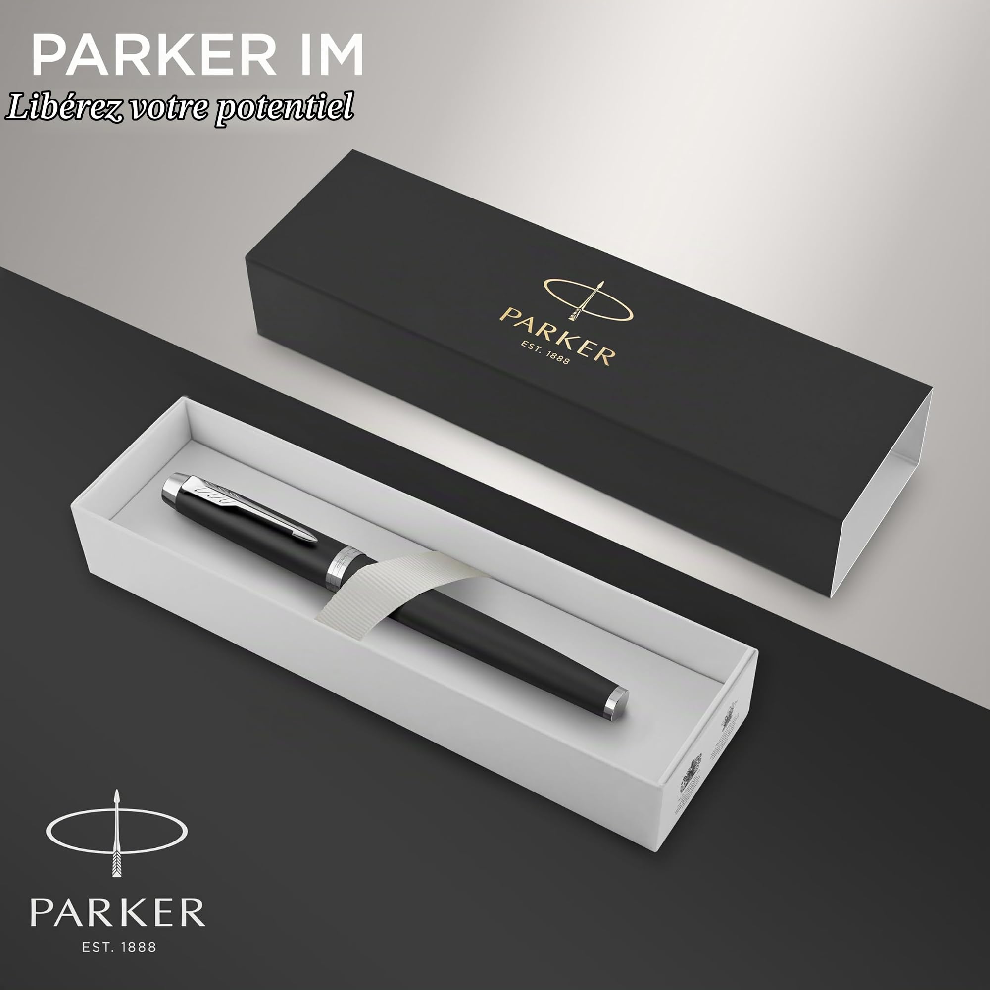 Parker IM stylo plume | noir mat avec finitions chrome | pointe fine avec encre bleue | coffret cadeau