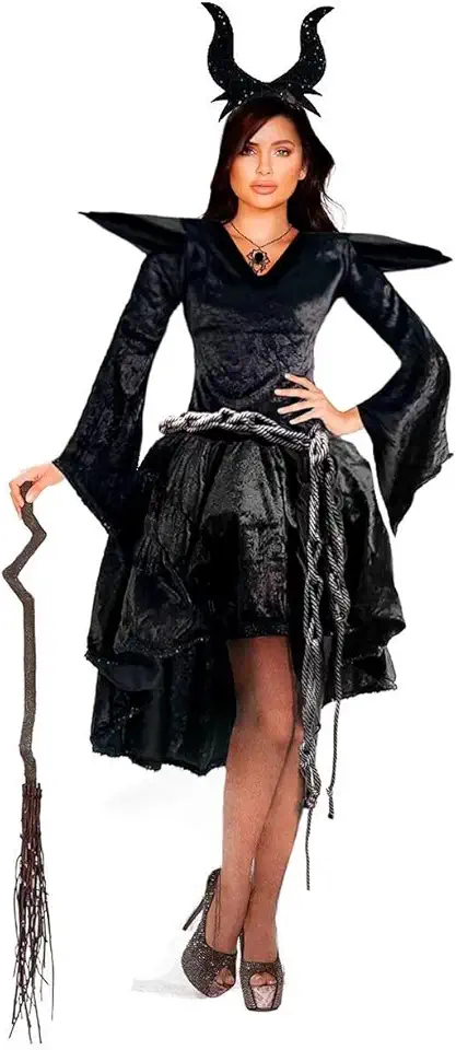 Fantasia Malévola Adulta Luxo de Halloween Com Tiara