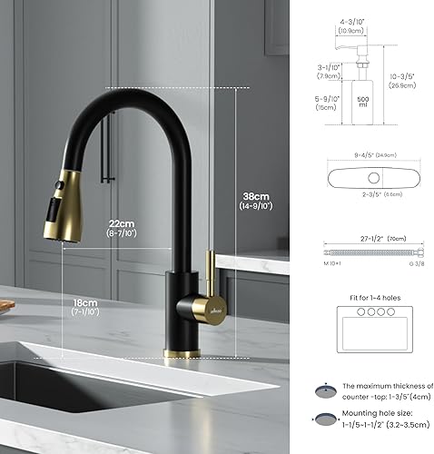 Vista 99 de APPASO Grifo de cocina cuadrado con filtro, grifos de fregadero de 3 vías negro mate con rociador extraíble, 2 modos, arco alto, moderno, 2 asas