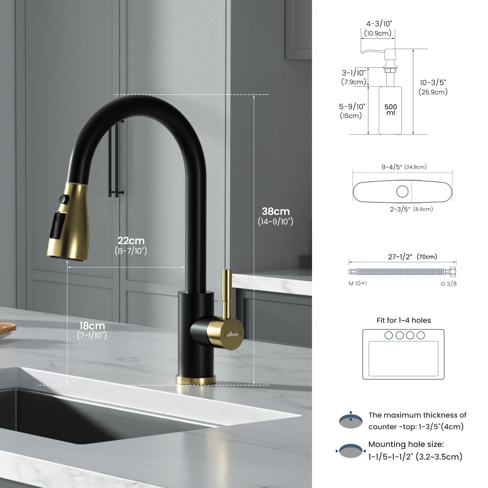 APPASO 3-Hole Kitchen Sink Faucet With Single Handle And Soap Dispenser, Stainless Steel High Arc Kitchen Faucet