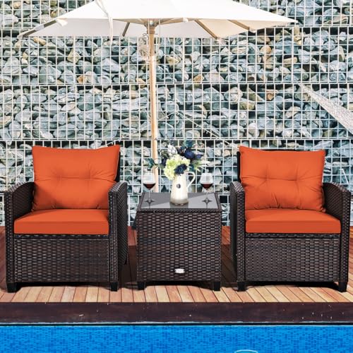 Image of Tangkula 3 Pieces Patio Furniture Set, PE Rattan Wicker 3 Pcs Outdoor Sofa Set w /Washable Cushion and Tempered Glass Tabletop, Conversation Furniture for Garden Poolside Balcony (Orange)