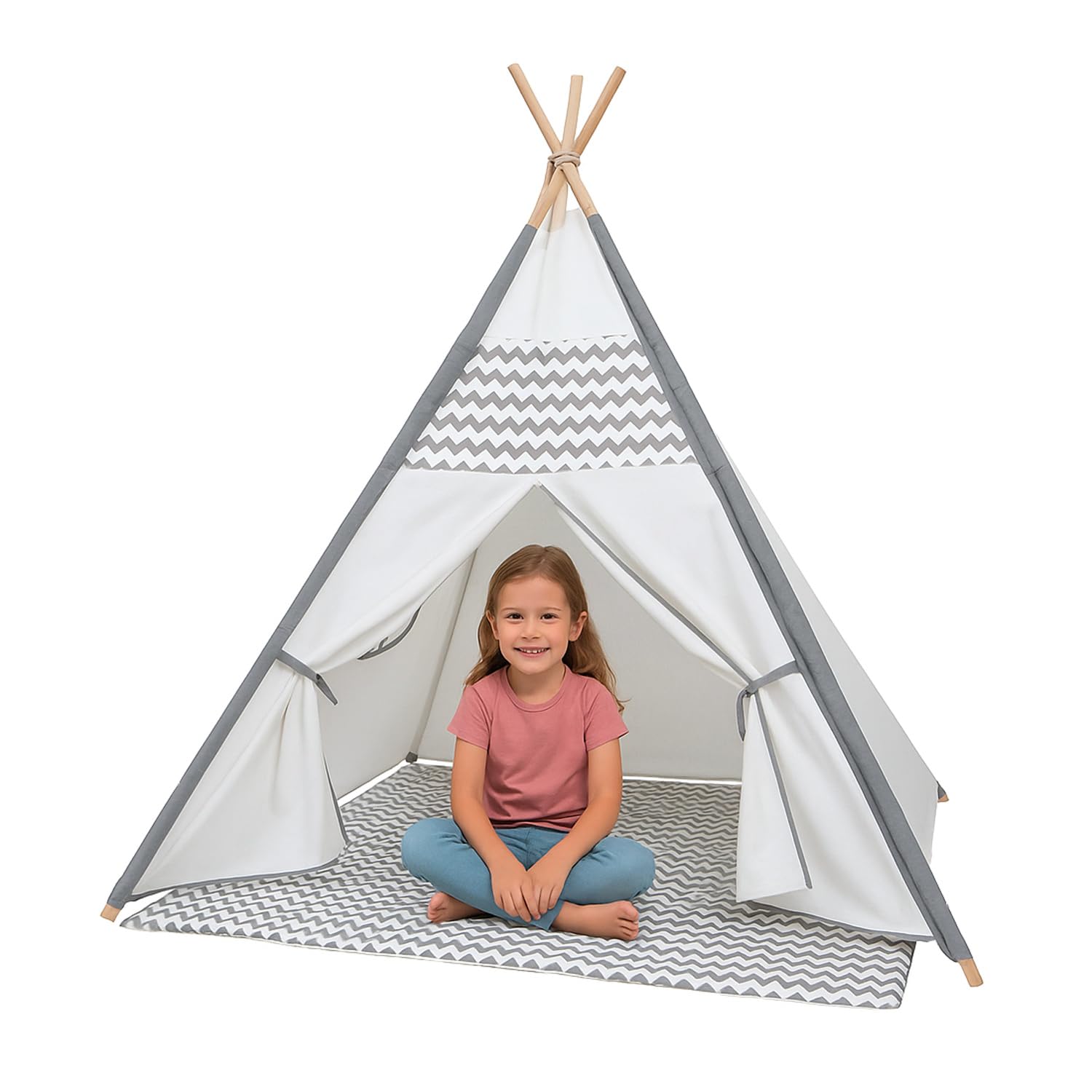 Tenda Gioco Teepee per Bambini Indiana con Tappetino Bianca Grigia Zigzag 120x120x150 cm Interni Design Classico