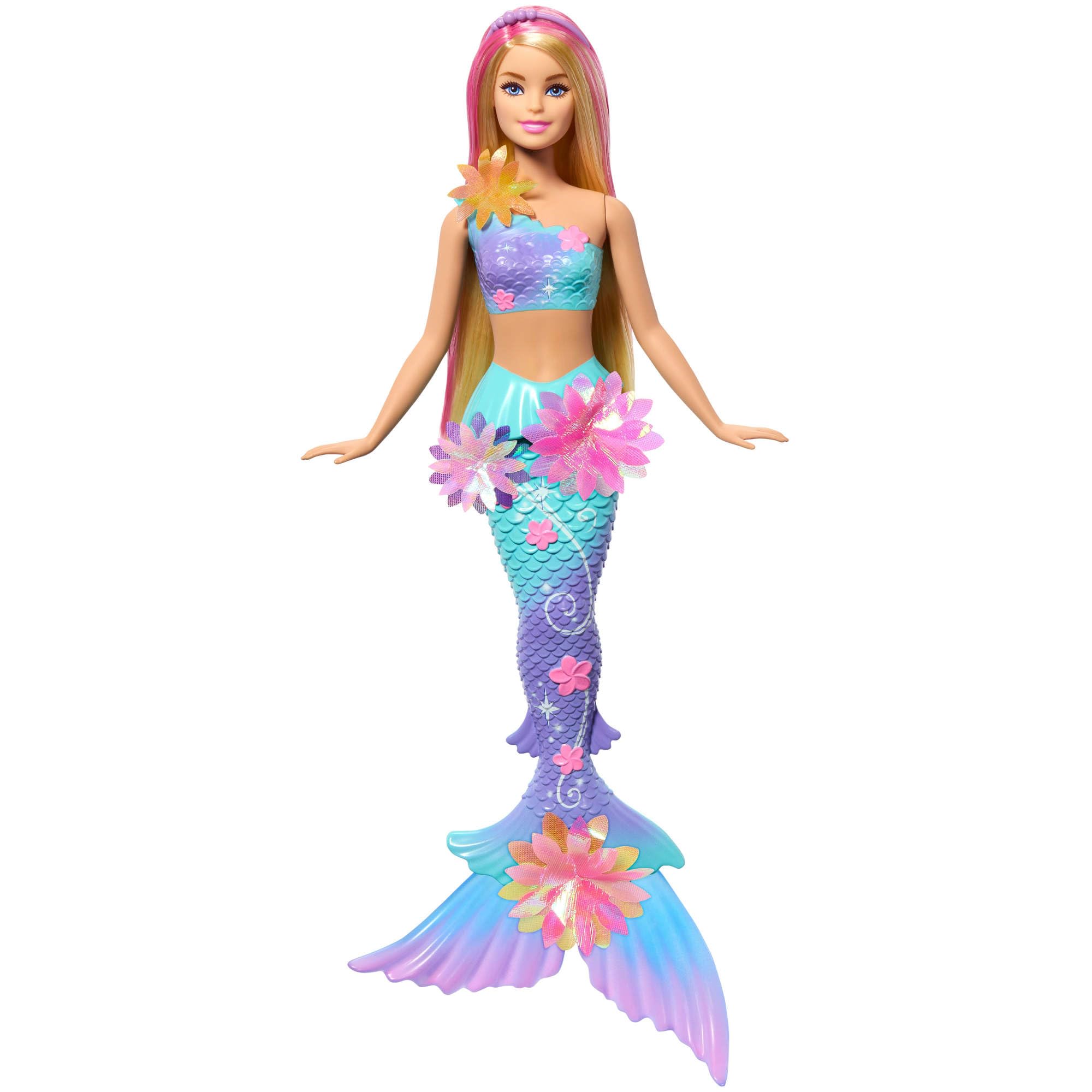 Barbie Meerjungfrauen-Spielzeugpuppe mit magischer Überraschungsblüte, Schwanzflosse mit Farbverlauf, perlenbesetztem Haarreif und langem blonden Haar mit rosa Strähchen, JDM72
