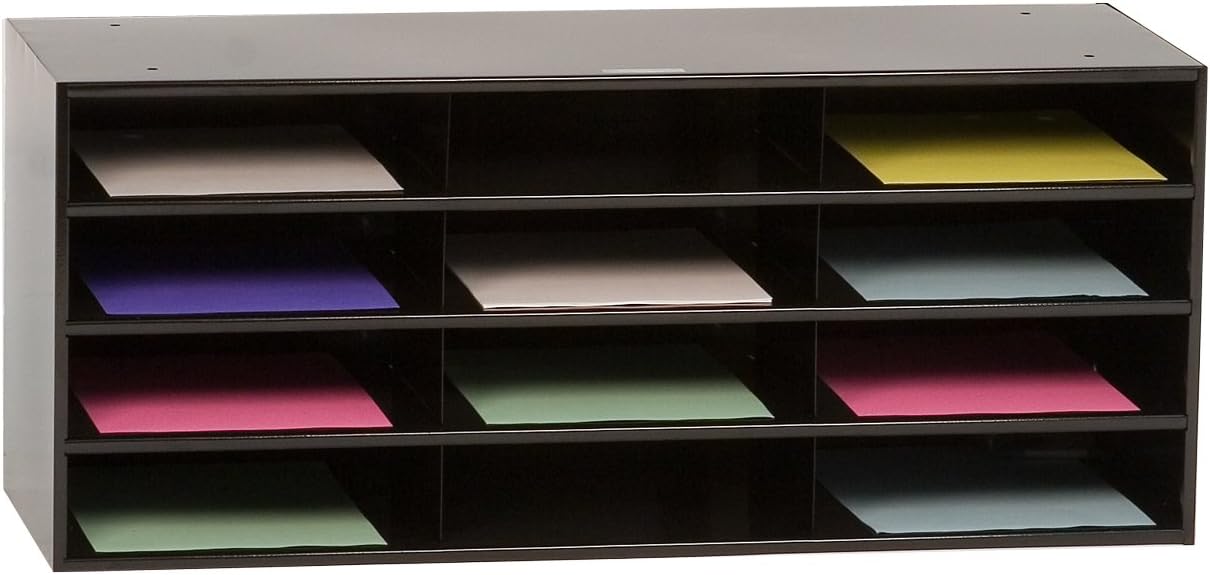 Durham 432-08 Black Cold Rolled Steel Horizontal Literature Storage Rack, 33-3/4" Width x 14-1/4" Height x 11-5/8" Depth, 12 Pocket