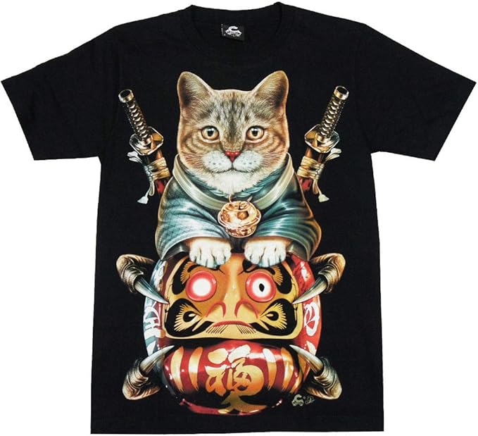 オモシロＴシャツ・忍者だるま猫【半袖】～猫ねこ迫力プリントシリーズ～ 黒 和柄 ネコtシャツ ねこtシャツ プリント にゃんこ tシャツ 猫柄 服