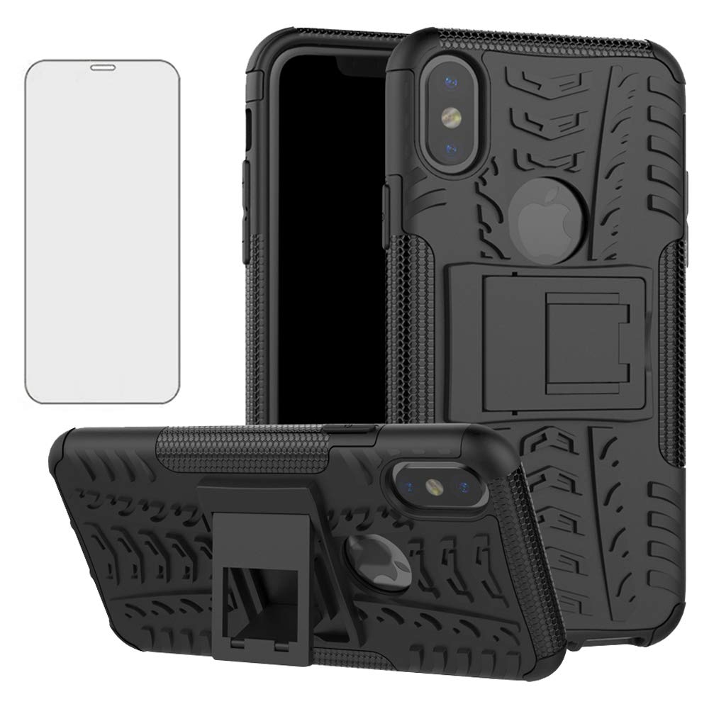Phone Case for iPhone Xs X 10 10s with Tempered Glass Screen Protector Cover and Stand Kickstand Hard Hybrid Cell Accessories iPhoneX iPhoneXs