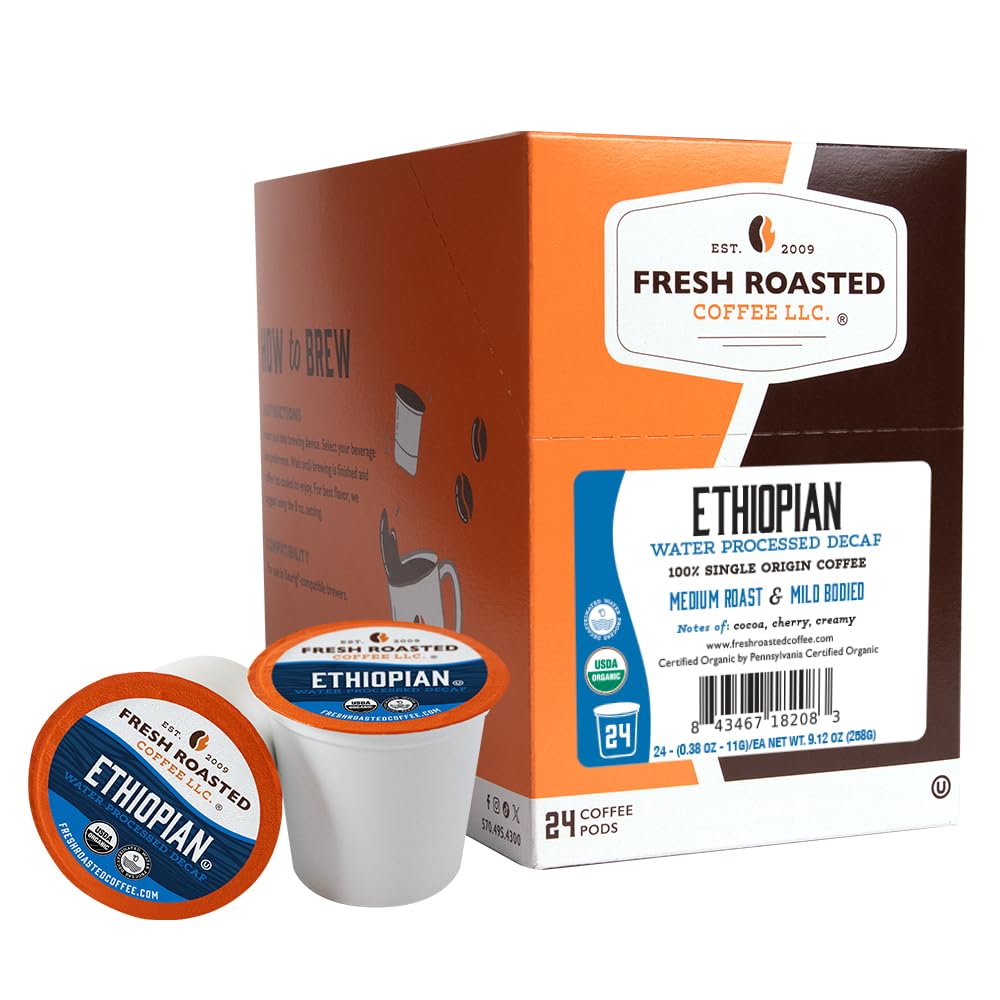 Fresh Roasted Coffee, Organic Ethiopian Water-Processed Decaf K-Cup Pods for Keurig Brewers, Medium Roast, USDA Organic, Kosher, 24 Count (Pack of 1)