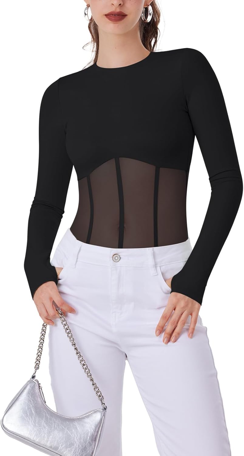 REORIA Women's Trendy Sexy Crew Neck Thumbholes Long Sleeve Sheer Mesh Going Out Bodysuit Tops - Image 5