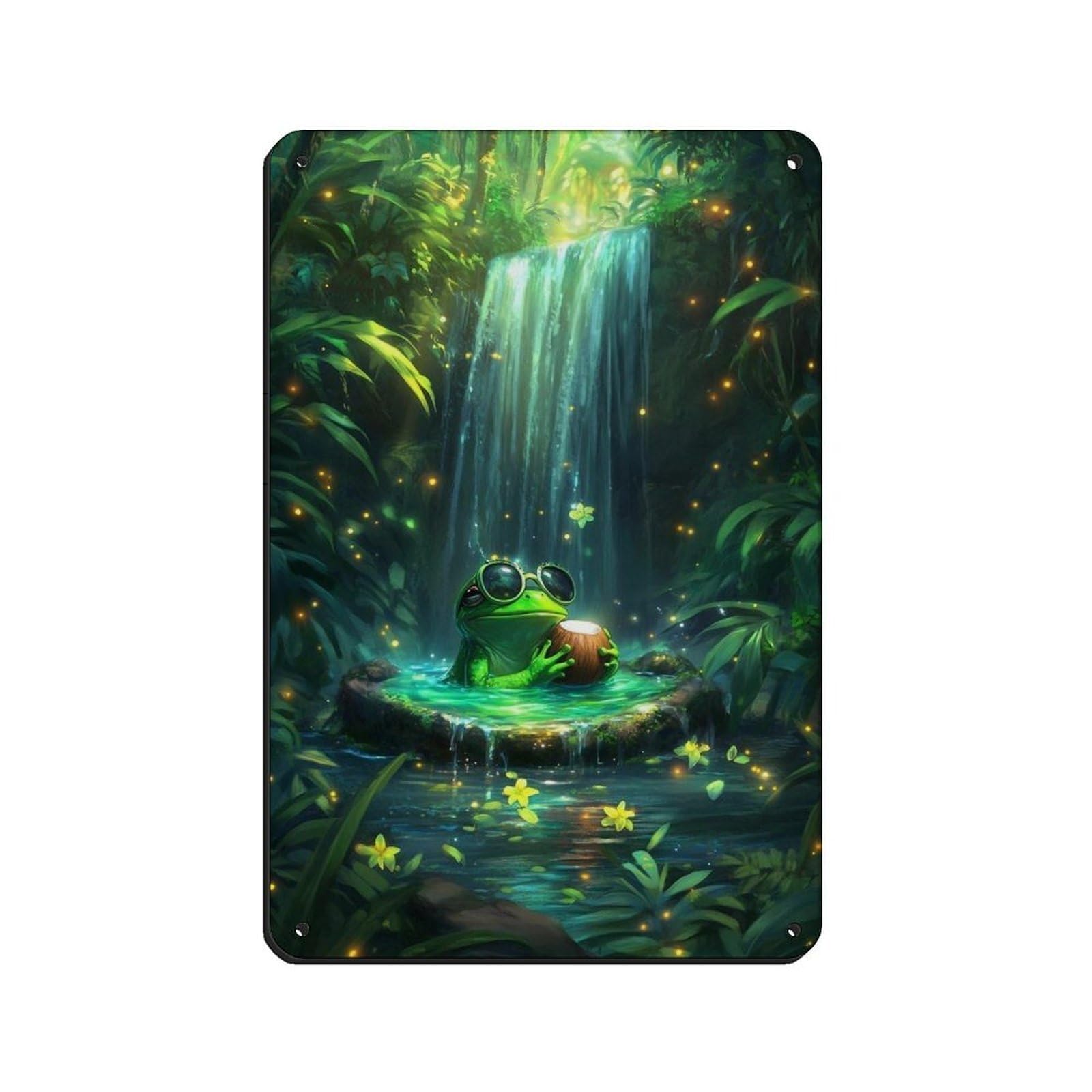 Lxwnze 20L X 30W Cm Frog Waterfall, Tropical Forest Decor Retro Poster Metal Tin Sign Chic Art Retro Iron Painting Bar People Cave Cafe Family Garage Poster Wall Decoration 8X12inch(20X30cm)