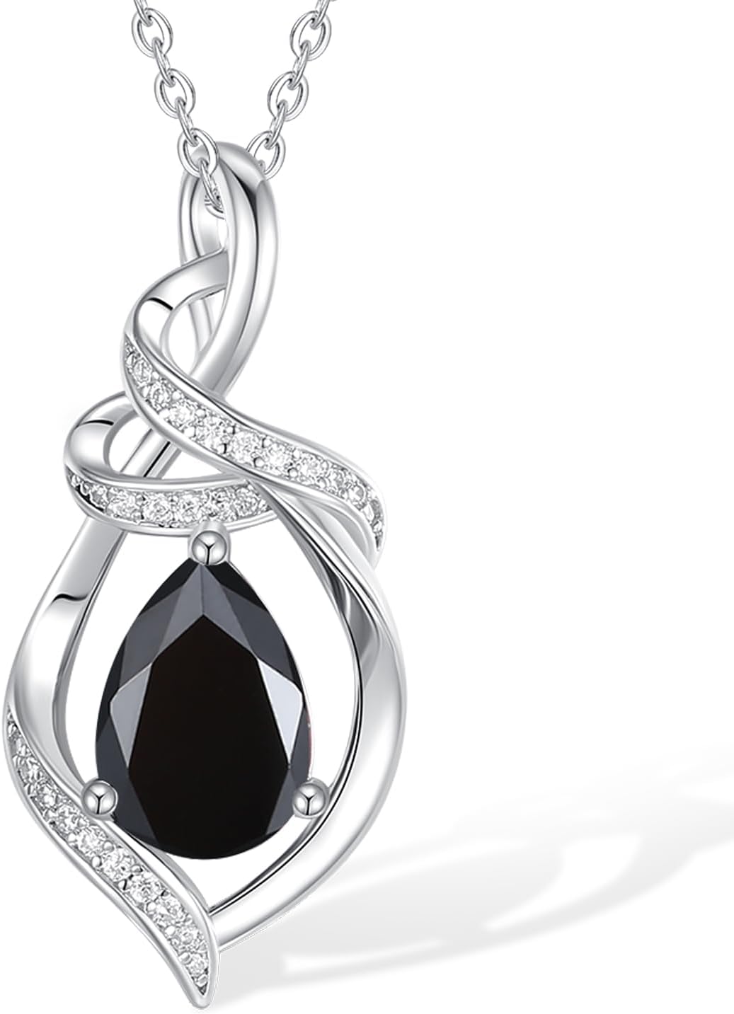 FANCIME Teardrop Gemstone Necklace for Women S925 Sterling Silver Elegant Ribbon Pendent Birthday Gifts for Her, 16"+2" Inches
