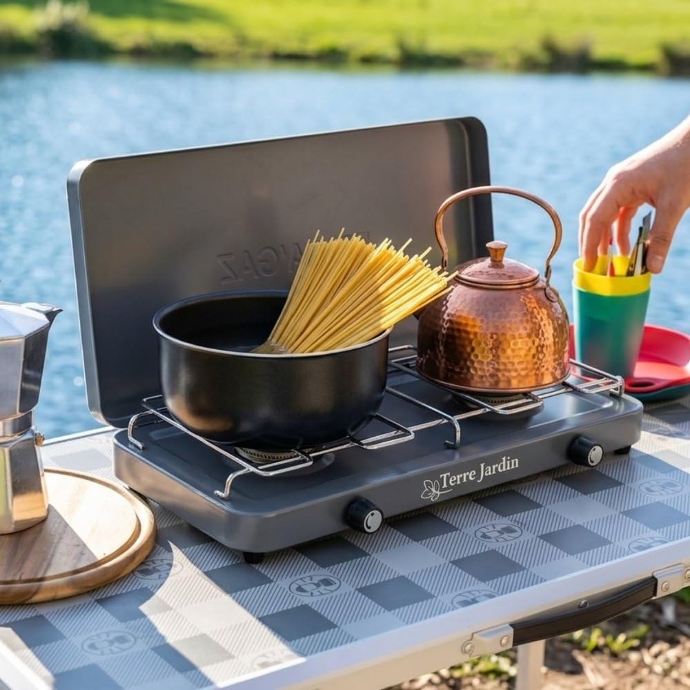 TERRE JARDIN Réchaud de Camping 2 Feux à Gaz - Gazinière Portable avec Couvercle - Plaque de Cuisson Double Brûleur pour Camping, Bivouac et Extérieur