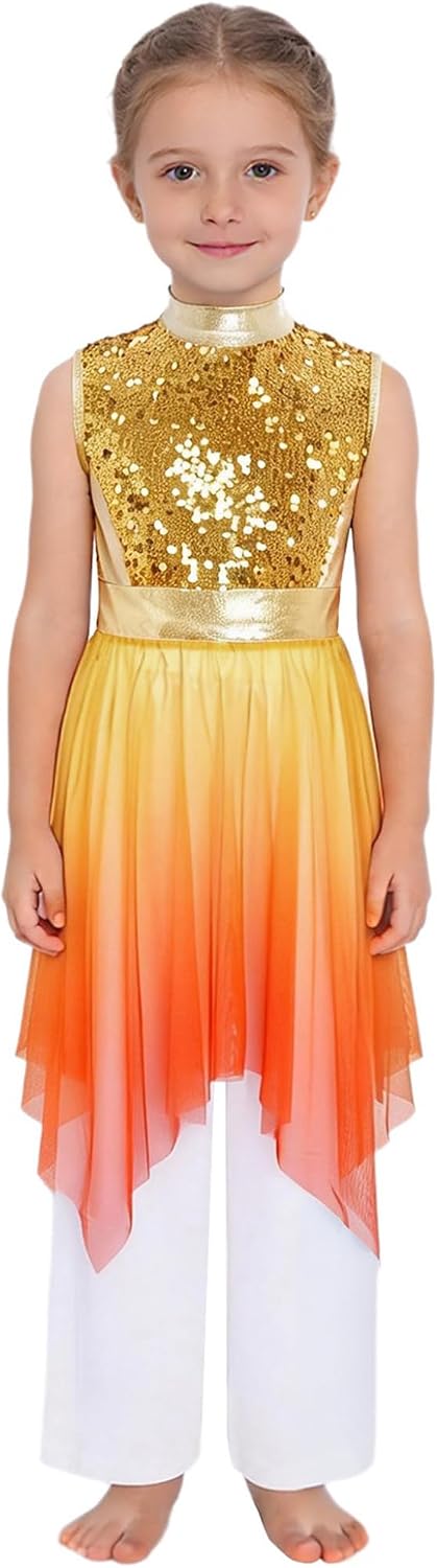 XUNZOO Kids Girls Sparkly Lyrical Dance Dress Outfit Sequin Gradient Worship Tunic with Pants Church Choir Performance Wear