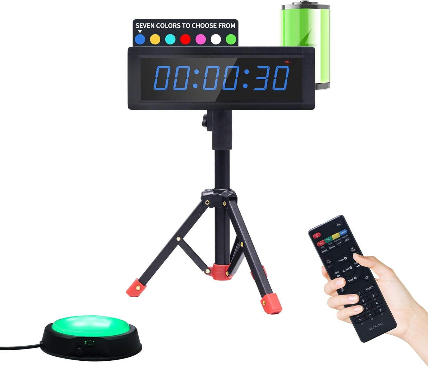 Gym Timer Clock with Remote Control & Push Button,7 RGB Color, Programmable Interval Timer, Countdown/Up Stopwatch,Wall Clock for Home Gym Garage,Portable Training Accessories(Battery+Stand)