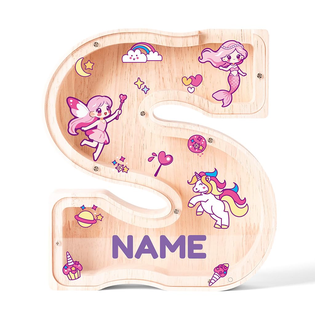 Personalized Wooden Letter Piggy Bank for Kids | Custom Name Alphabet Coin Bank A–Z | Money Saving Box for Boys and Girls | Birthday Gift for Children (S)