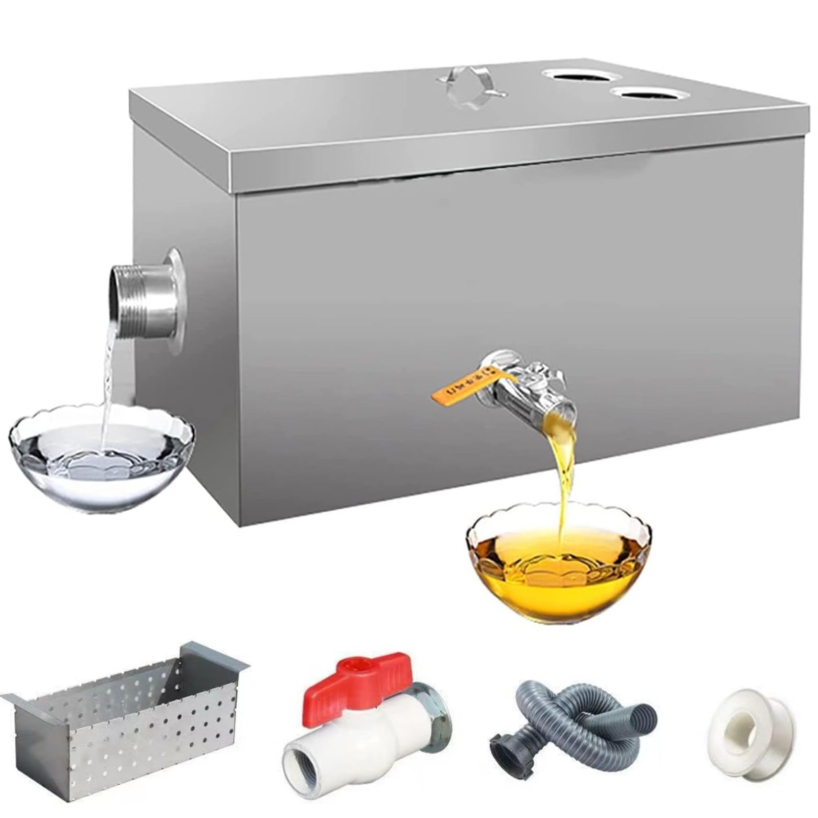Kommerziell Fettabscheider Edelstahl Küche Abwasser Ölabscheider Fettseparator,mit oberem Einlass, für Restaurant, Fabrik, Privatküche,2waterintake