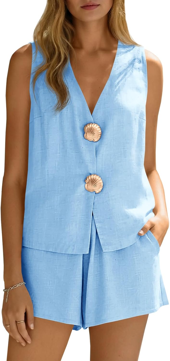Wenrine Womens Summer 2 Piece Outfits V Neck Tank Tops Casual Loose Shorts Sets Shell Decor Matching Sets with Pockets