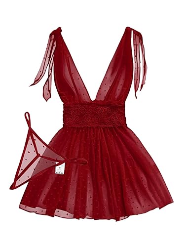 Lilosy Sexy Polka Dots Mesh Sheer Lace Babydoll Chemise Lingerie Set Floral Lace Nightwear - Small - Burgundy Red