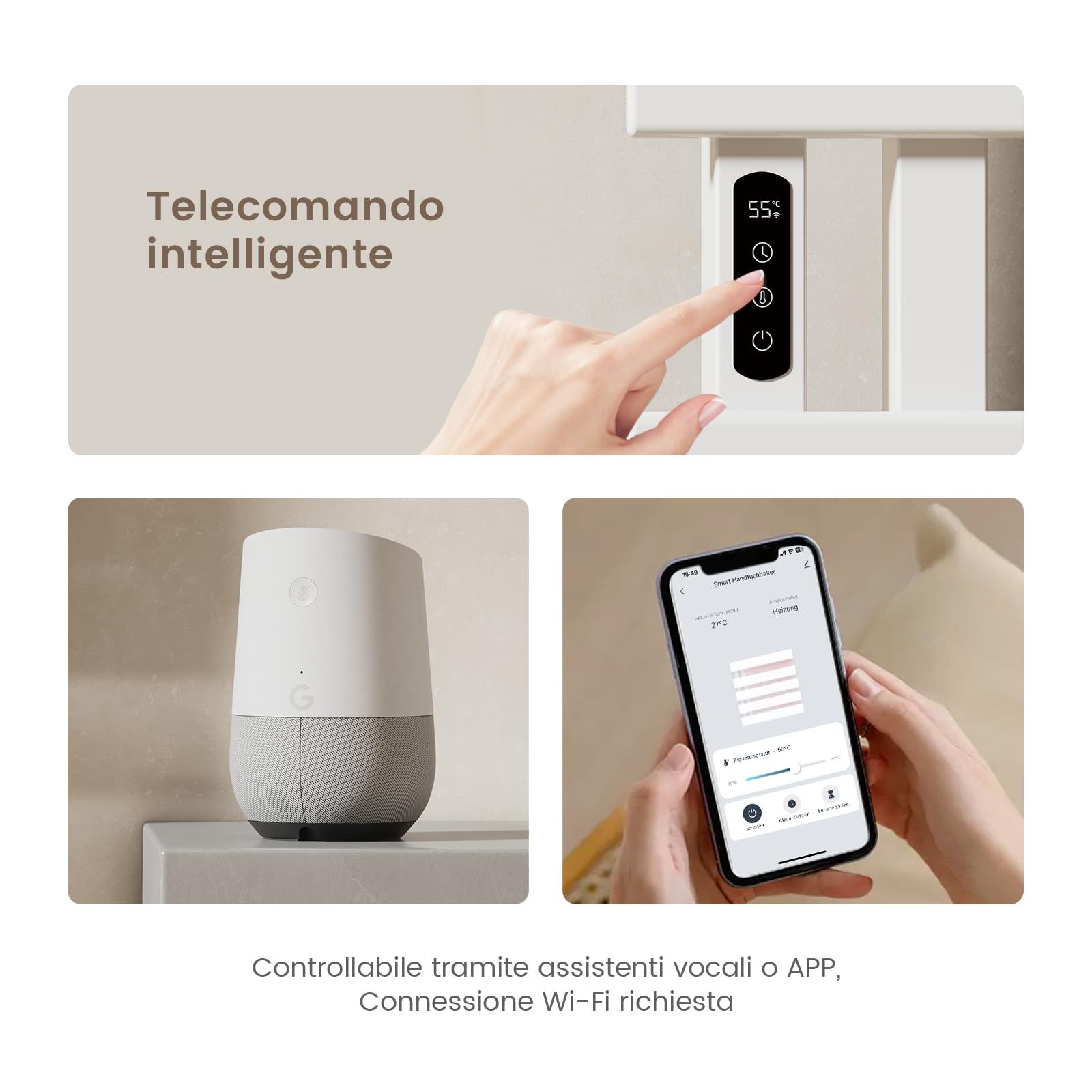 EMKE Scaldasalviette Elettrico 1000x500mm 320W Bianco, Lato Sinistro con Schermo Tattile, Controllo Wi-Fi e Funzione Timer