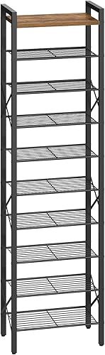 Zapatero estrecho de 10 niveles, zapatero alto para 10-20 pares, organizador delgado de almacenamiento de zapatos con parte superior de madera,