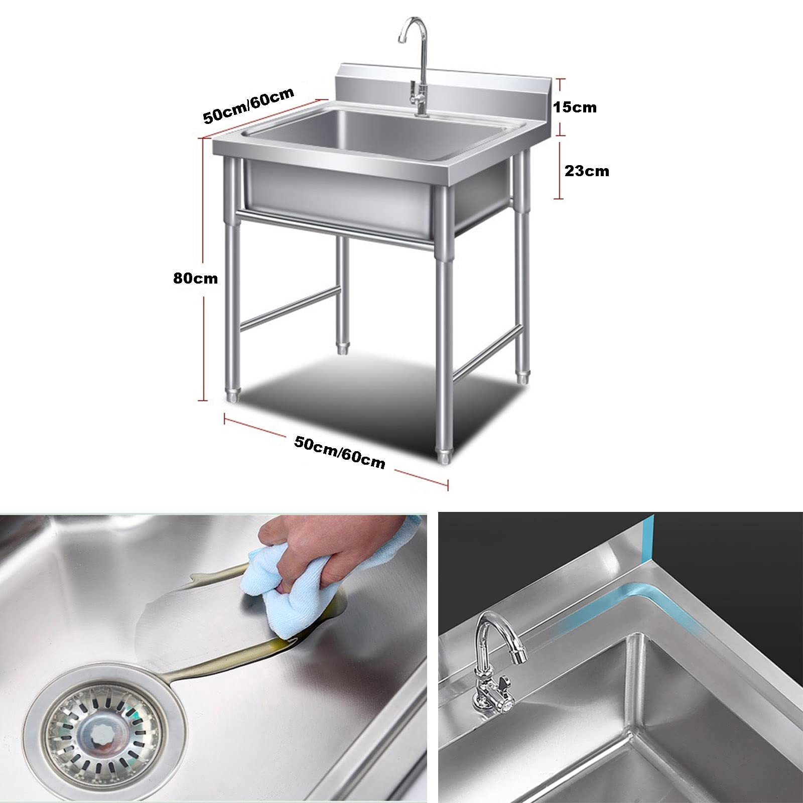 Fregadero comercial para restaurante, fregadero utilitario de Acero inoxidable 304, independiente, para cocina, lavandería, Interior o Exterior, lavabo Individual con colador.