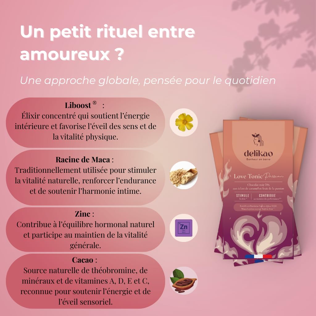 LOVE TONIC PASSION – Tablette de Chocolat Gourmand 90 g – Caramel - Fruit de la Passion - Gibembre – Fabriqué en France - Chocolat à Offrir pour un Moment de Plaisir à Deux (Passion, 1 tablette)