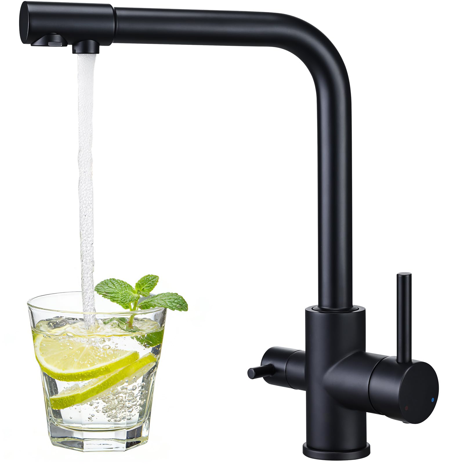 Hapilife 3 Way Kitchen Tap, Matt Black 3 in 1 Water Filter Taps for Sink, Brass Triflow Kitchen Mixer Tap with Drinking Water Outlet, Dual Lever Square Modern Faucets 360° Swivel