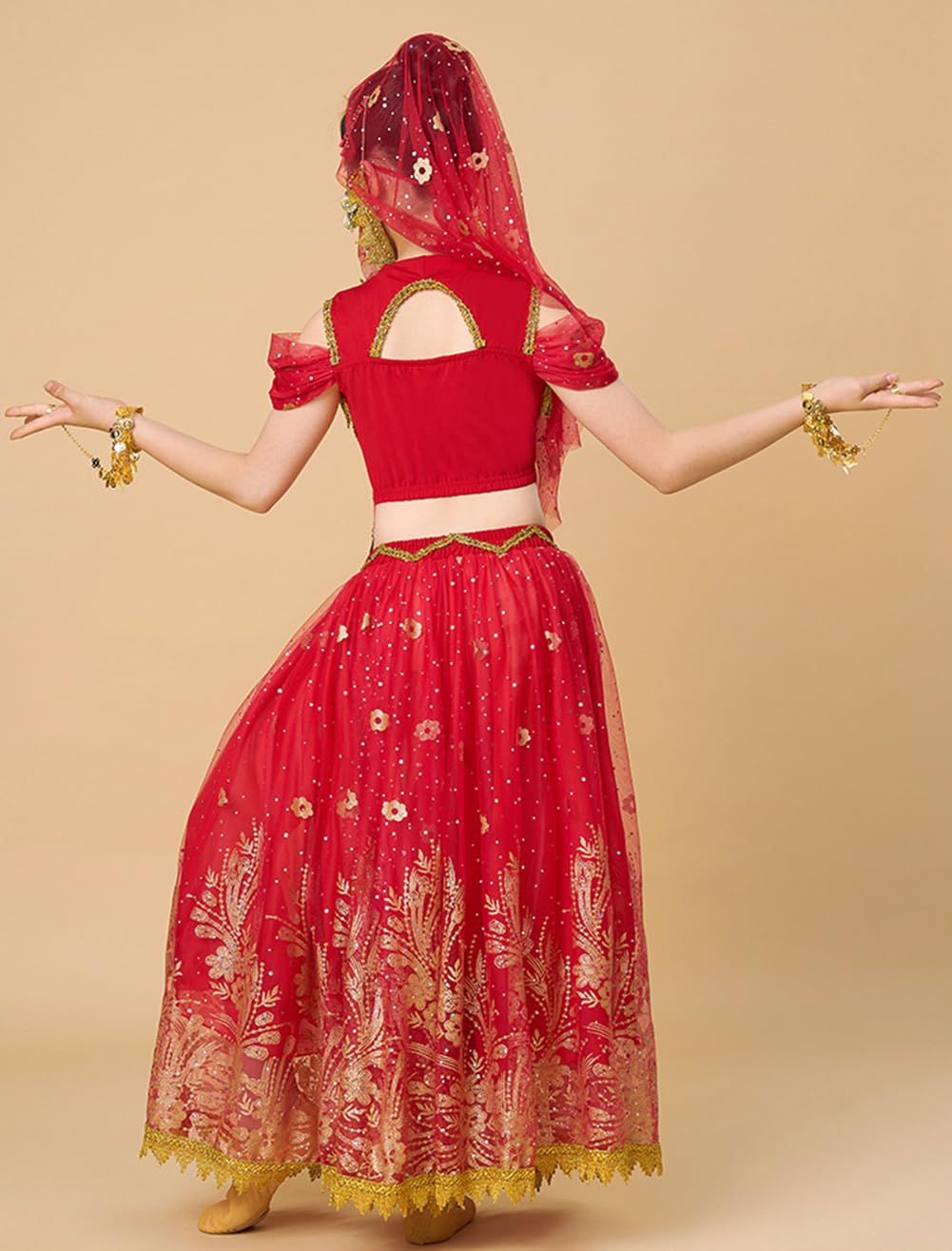 Disfraces de Baile para Niñas Vestidos de Danza del Vientre India Ropa de Halloween Traje de Carnaval Falda de Gasa con Lentejuelas Brillantes Vestidos de Competición Disfraz de Actuación (L)