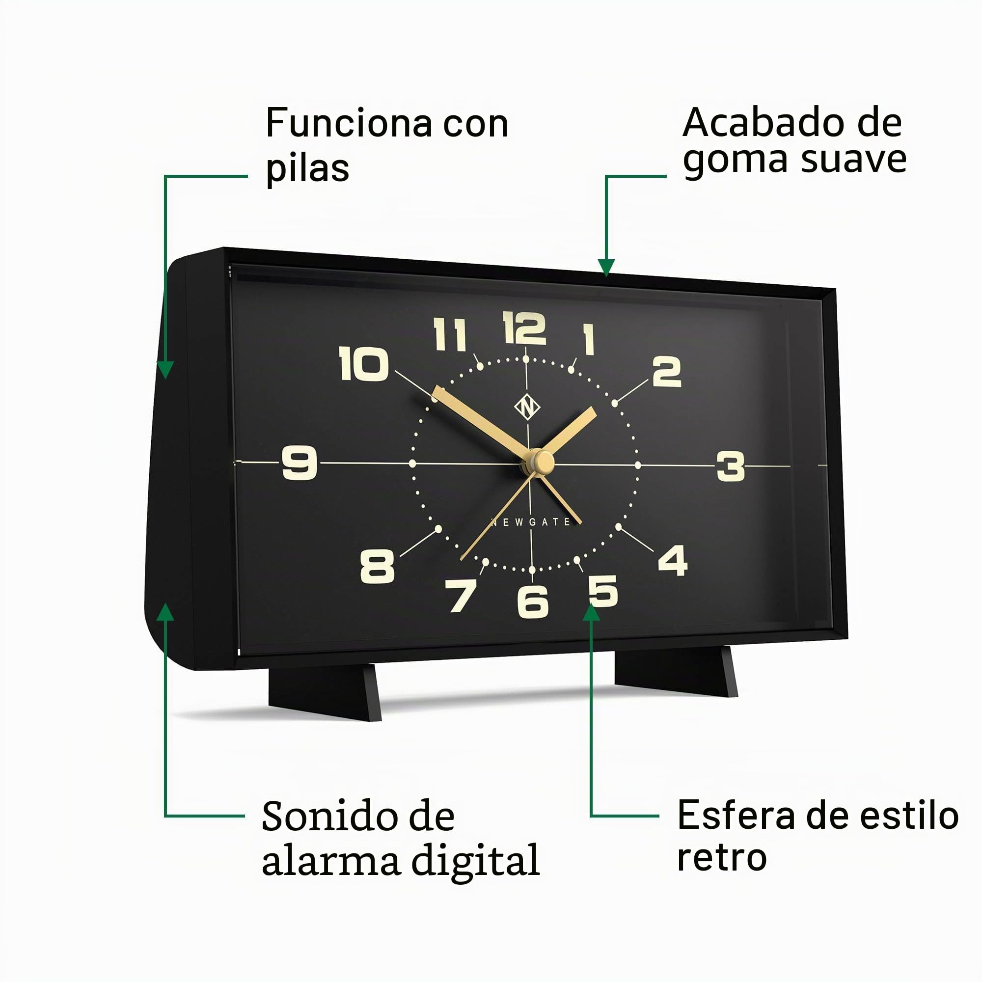 NEWGATE® Wideboy Despertador | Diseño Retro Rectangular | Negro | Esfera de Mediados de Siglo | Ideal para la mesilla de Noche, Escritorio, repisa o estantería | Accesorio Retro