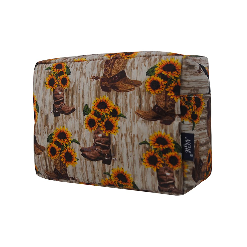 NGIL Large Cosmetic travel Pouch (Cowboy Boots & Sunflowers-Black)