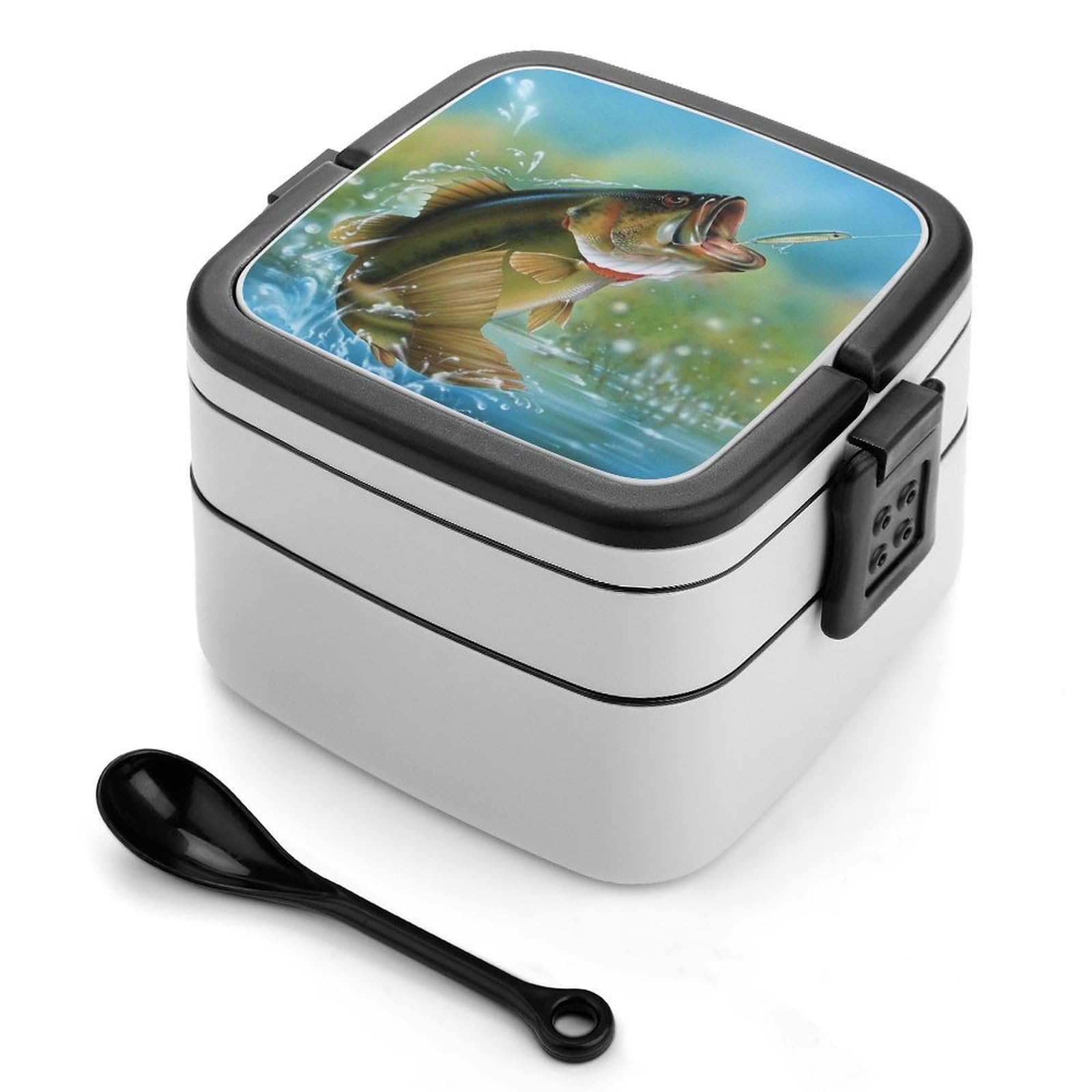 CGSBNGHA Bass Fishing Bento Lunch Box 2 Layer Lunchbox Food Container for Adults Office