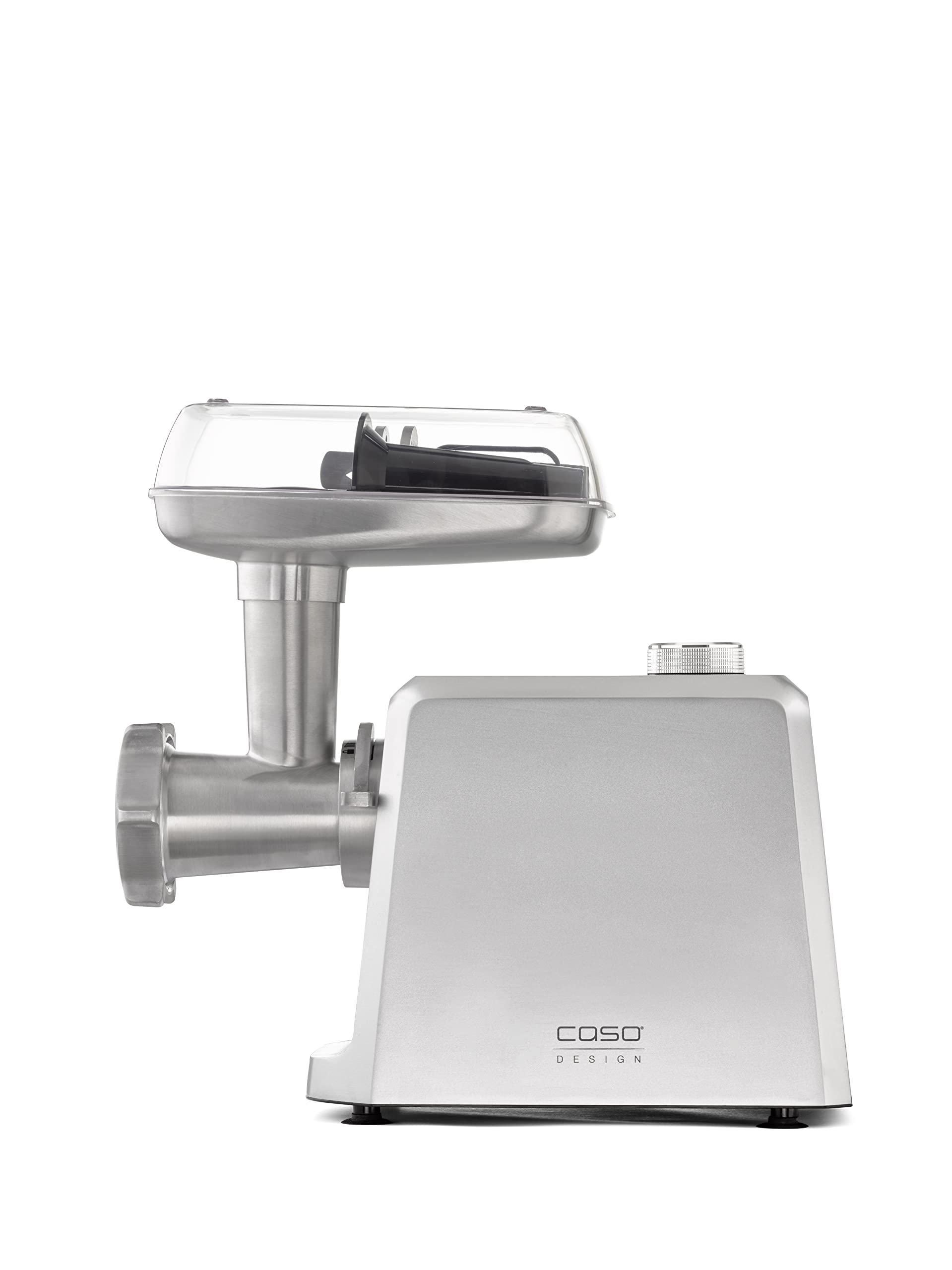 CASO FW 2500 – Hachoir à viande électrique professionnel, 2 500 W, fonction marche avant et arrière, 2,5kg/min, accessoire à saucisses, 3 grilles en inox (3, 5 et 8 mm), corps en aluminium, argent
