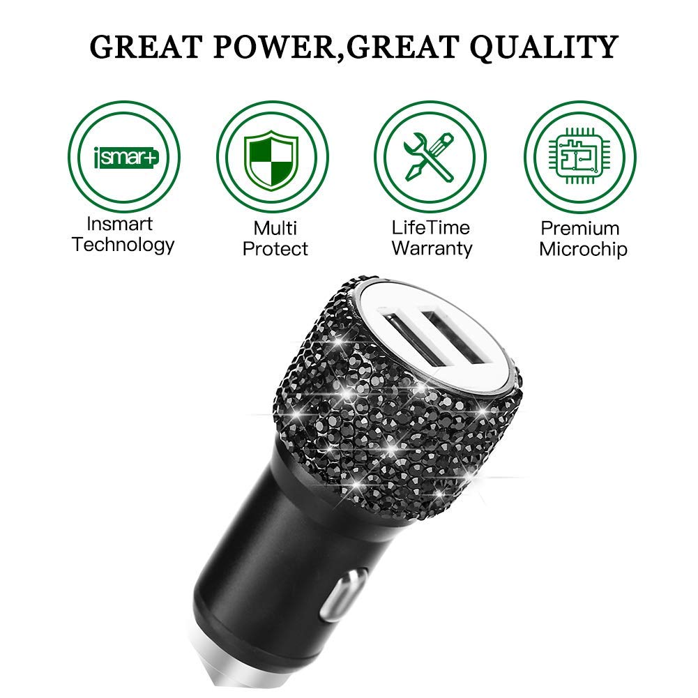 Cargador Dual USB para Coche, SAVORI Car Adapter Bling Bling Rhinestones Crystal Car Decorations for Fast Charging Car Decors for iPhone XS MAX X Plus, iPad Pro/Mini, Samsung