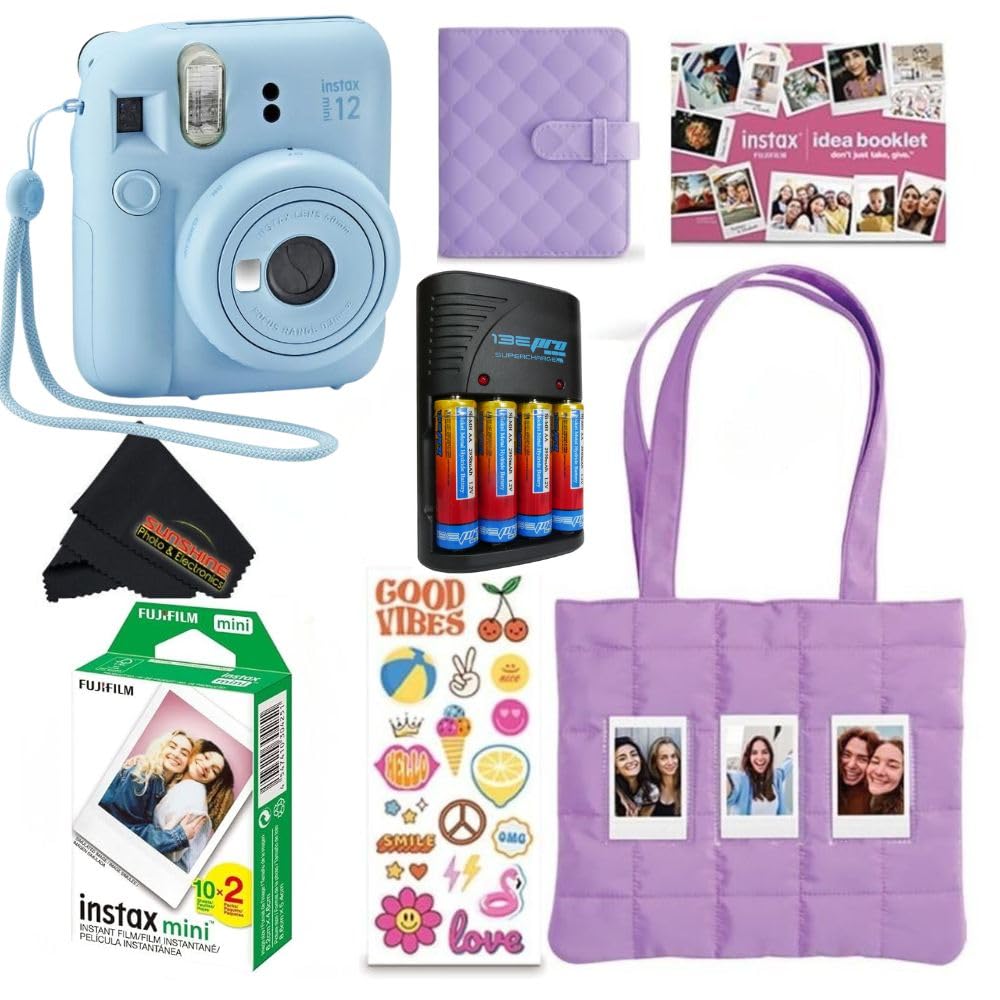 FUJIFILM INSTAX Mini 12 Holiday Bundle 2025 | with Extra Instax Mini Film + 4 Pk AA Batteries &amp; Sunshine Photo Microfiber Cleaning Cloth (10 Items) (20 Sheets, Pastel Blue)